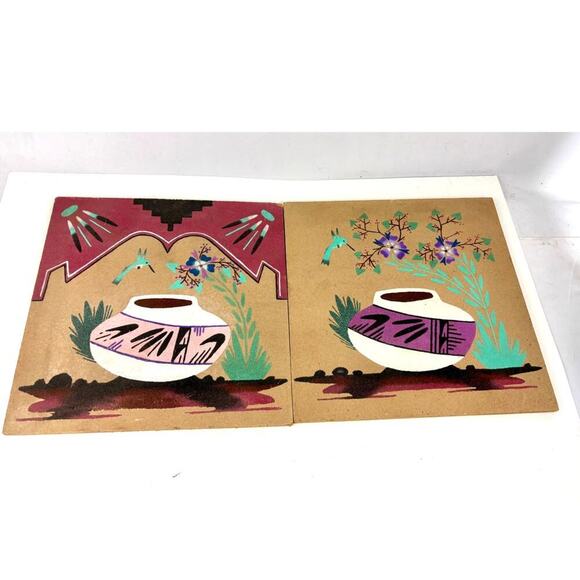 Lot of 2 VTG Native American Navajo Sand Painting Wooden Signed Masquat 12"x12" - Picture 1 of 16
